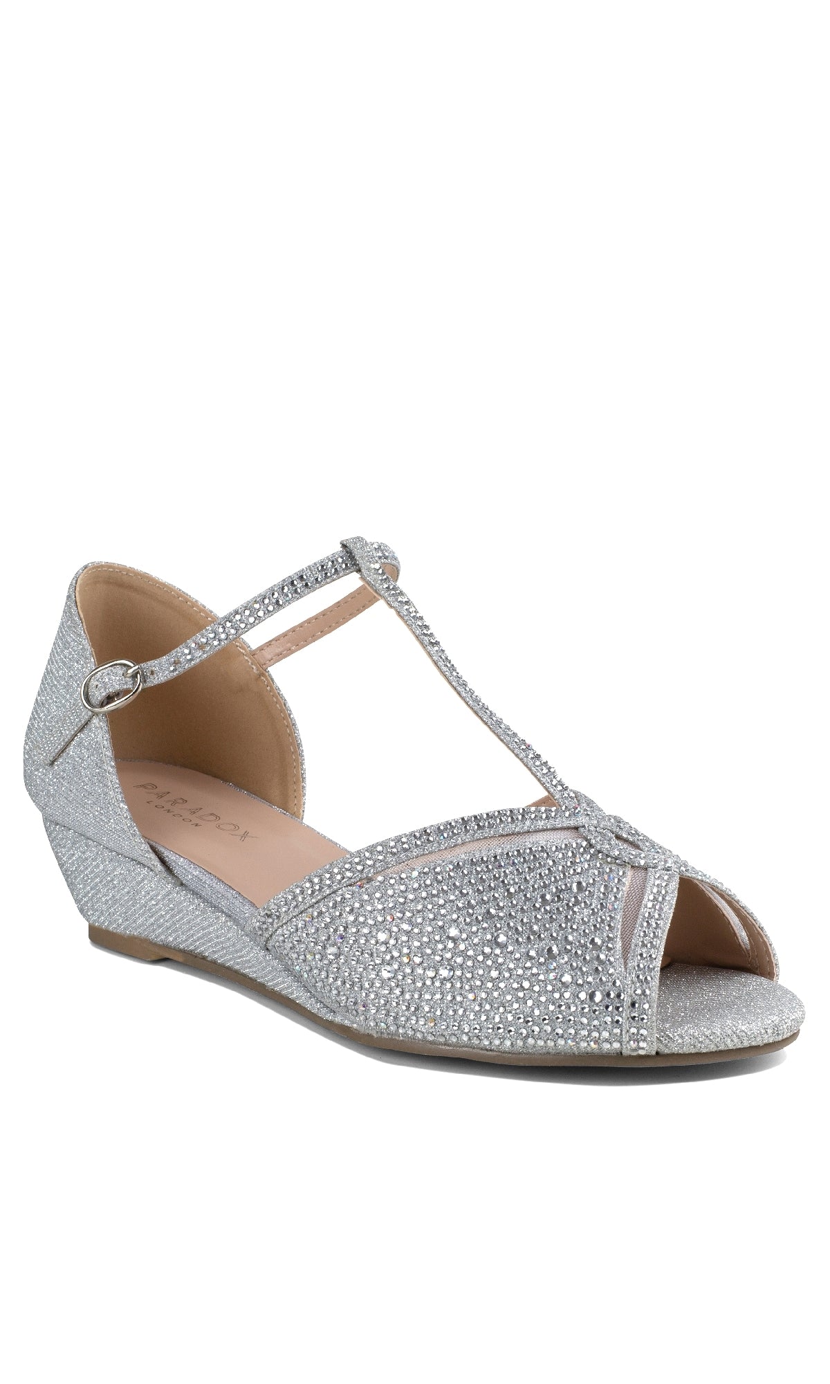 The Janelle Silver Prom Shoes by Paradox London (P2210) feature a low wedge, rhinestone-embellished T-strap, open toe, and ankle buckle—perfect silver shimmer sandals for prom.